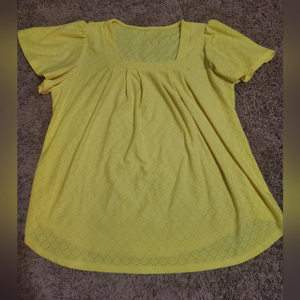 Light Yellow Pleated Short Sleeve Square Neck Blouse